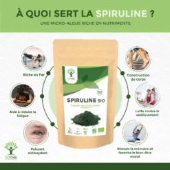 Spiruline Bio En Poudre"énergie" Complément Alimentaire 100g -Boutique Ipheos a147212bef68ee21ac82da27611fdb28 2 spiruline bio bioptimal complement alimentaire bcaa superaliment energie sport 65 proteines 17 phycocyanine conditionne en france bienfaits